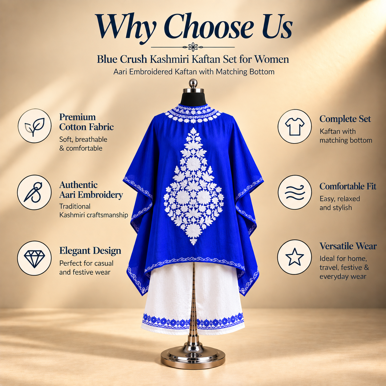 Aari Embroidered Blue Crush Kashmiri Kaftan Set for Women