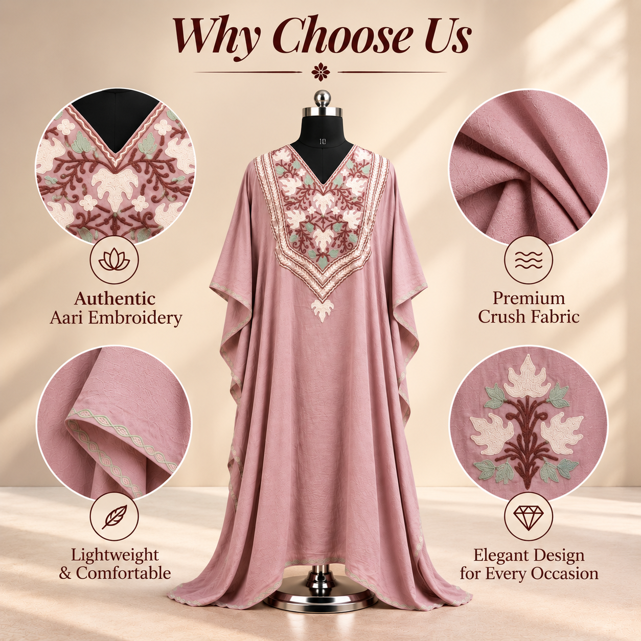 Aari Embroidered Dusty Rose Kashmiri Long Kaftan