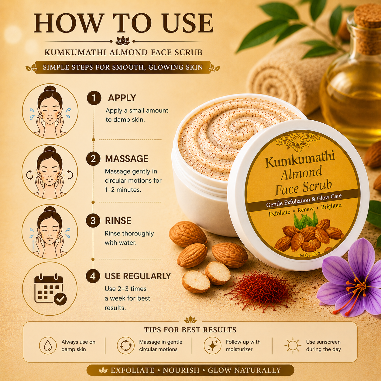 Herbal almond scrub with Kumkumadi and aloe vera