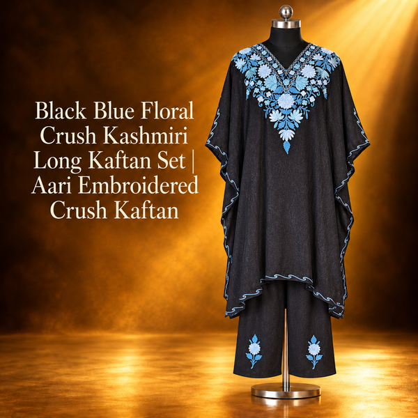 Black Blue Floral Long Crush Kashmiri Kaftan Set | Aari Embroidered Crush Kaftan