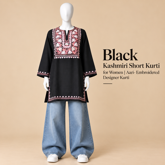 Black Kashmiri Short Kurti for Women with Aari Embroidery