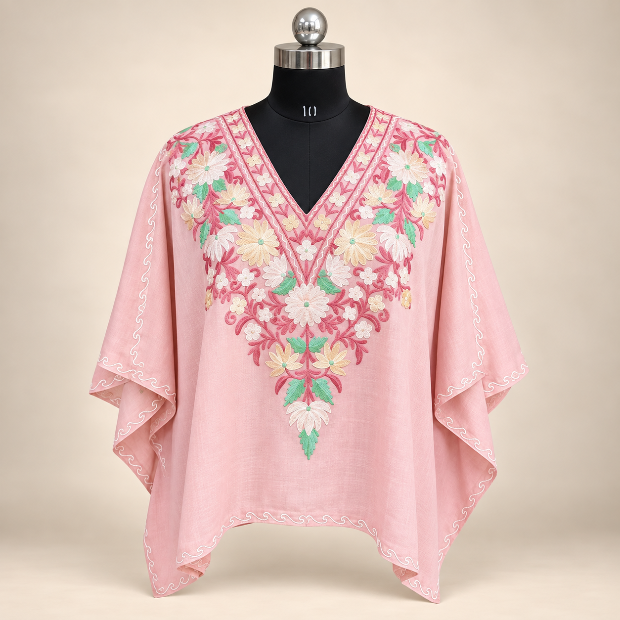 Blush Pink Aari Embroidered Kashmiri Short Kaftan for Women