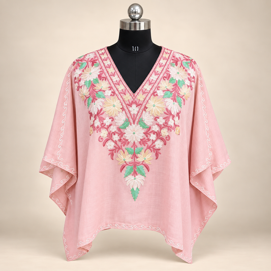 Blush Pink Aari Embroidered Kashmiri Short Kaftan for Women