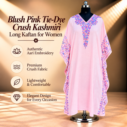 Blush Pink Tie-Dye Crush Kashmiri Long Kaftan for Women with Aari Embroidery