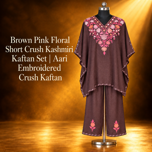 Brown Pink Floral Short Crush Kashmiri Kaftan Set
