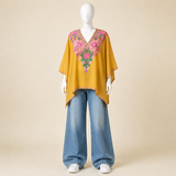 Women's Mustard Gold short kaftan with elegant Kashmiri Aari-style embroidery