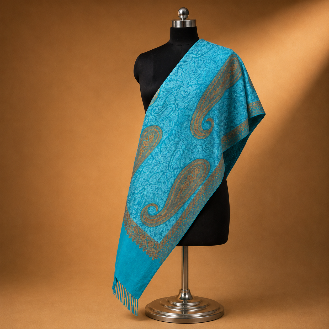 Premium Turquoise Tusha Kashmiri stole featuring beautiful Jama Nafki embroidery