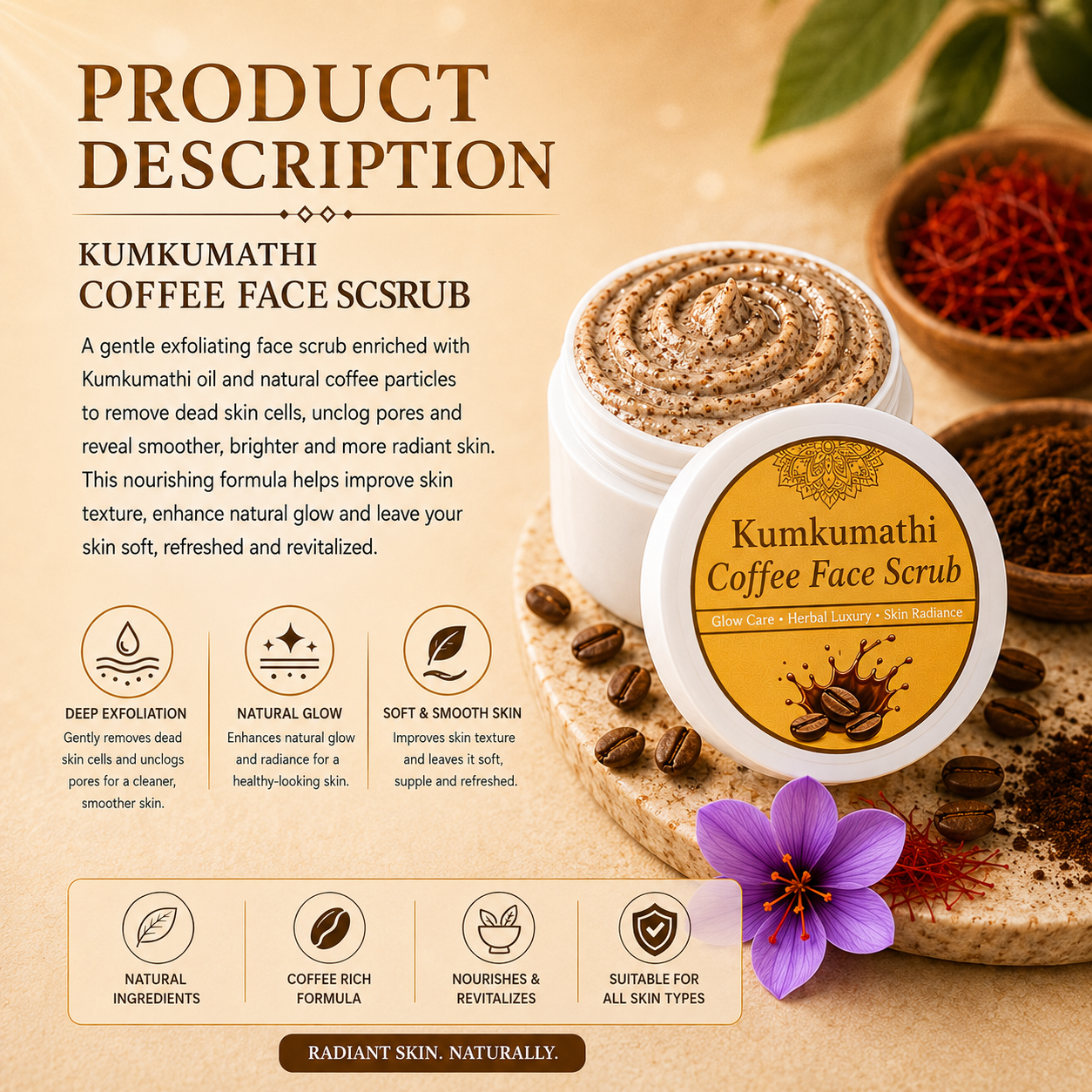 Kumkumadi coffee scrub for dry dull skin care