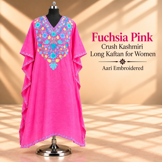 Fuchsia Pink Crush Kashmiri Long Kaftan for Women with Aari Embroidery