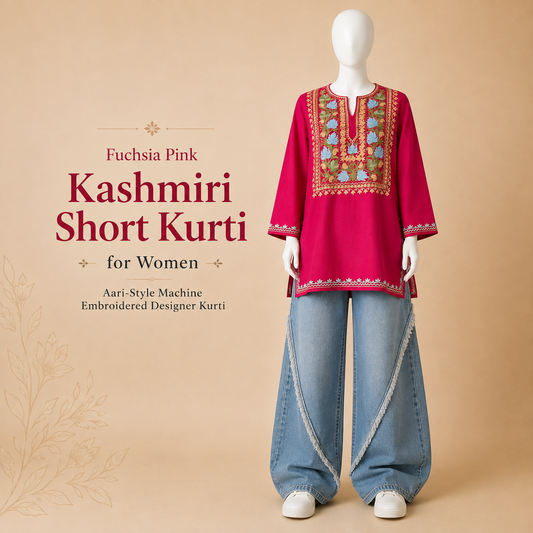 Fuchsia Pink Kashmiri Short Kurti for Women with Aari-Style Machine Embroidery