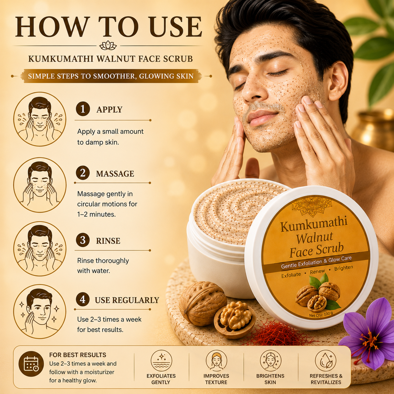 Herbal walnut scrub with Kumkumadi and aloe vera