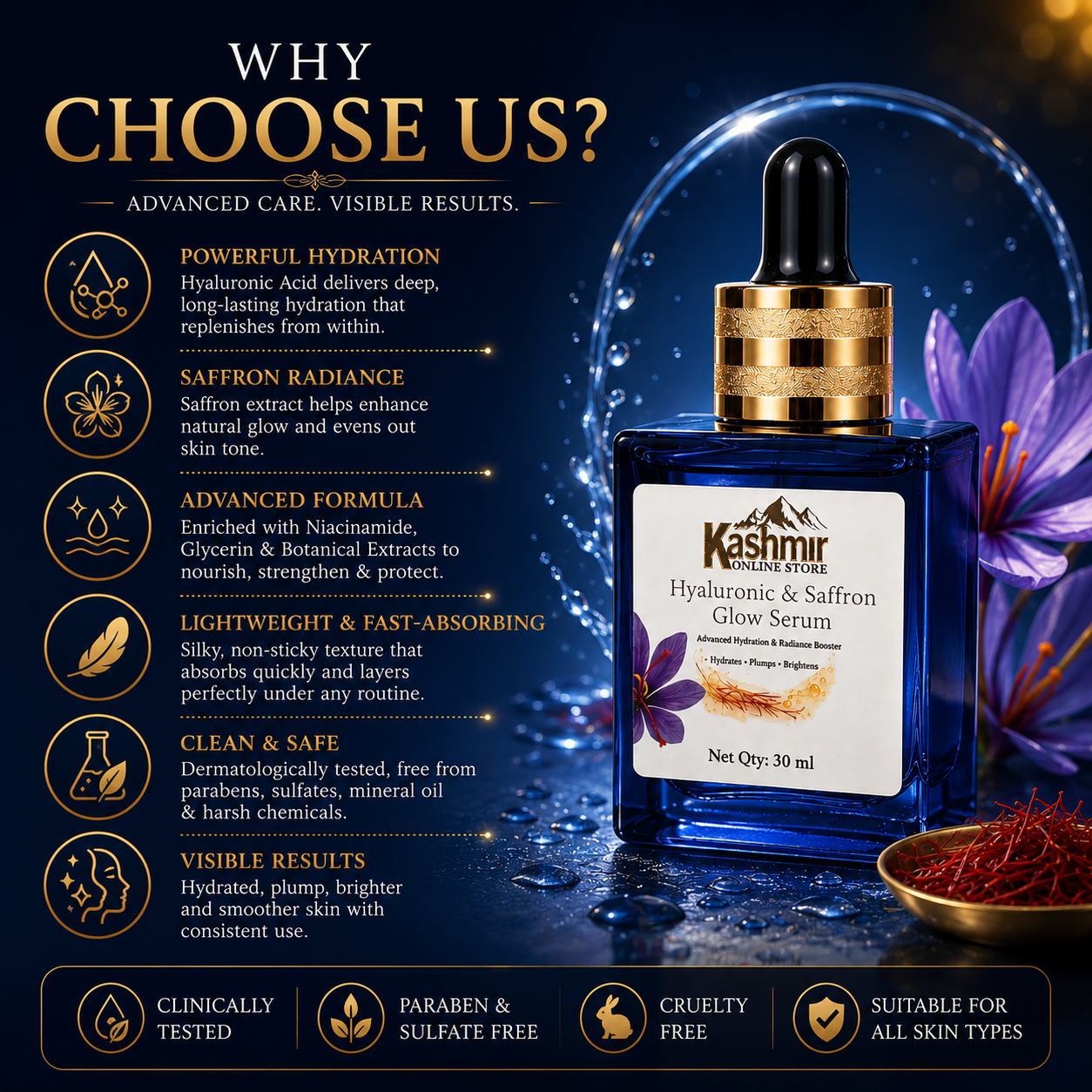 Hyaluronic and saffron serum for dry skin care