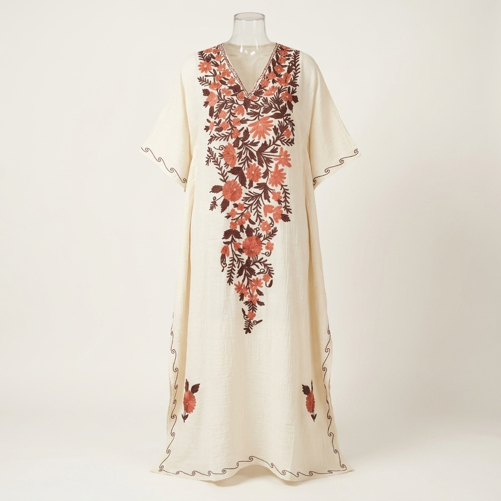 Ivory Coral Long Kaftan with Kashmiri Aari Embroidery