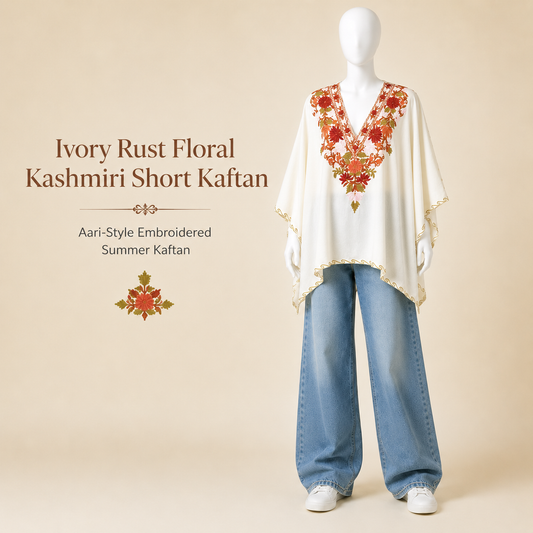 Ivory Rust Floral Kashmiri short kaftan for women with Aari-style embroidery