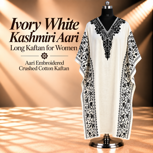Ivory White Kashmiri Aari Long Kaftan for Women