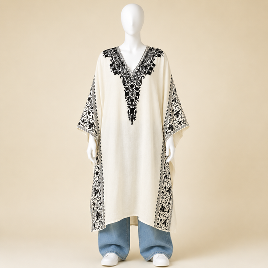 Ivory White Kashmiri Aari long kaftan for women with elegant embroidery