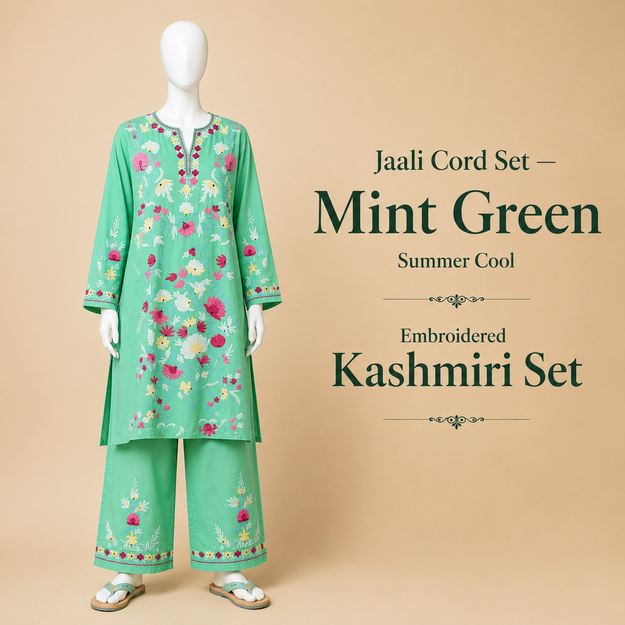 Mint Green Jaali Cord Set with Embroidered Kashmiri Detailing