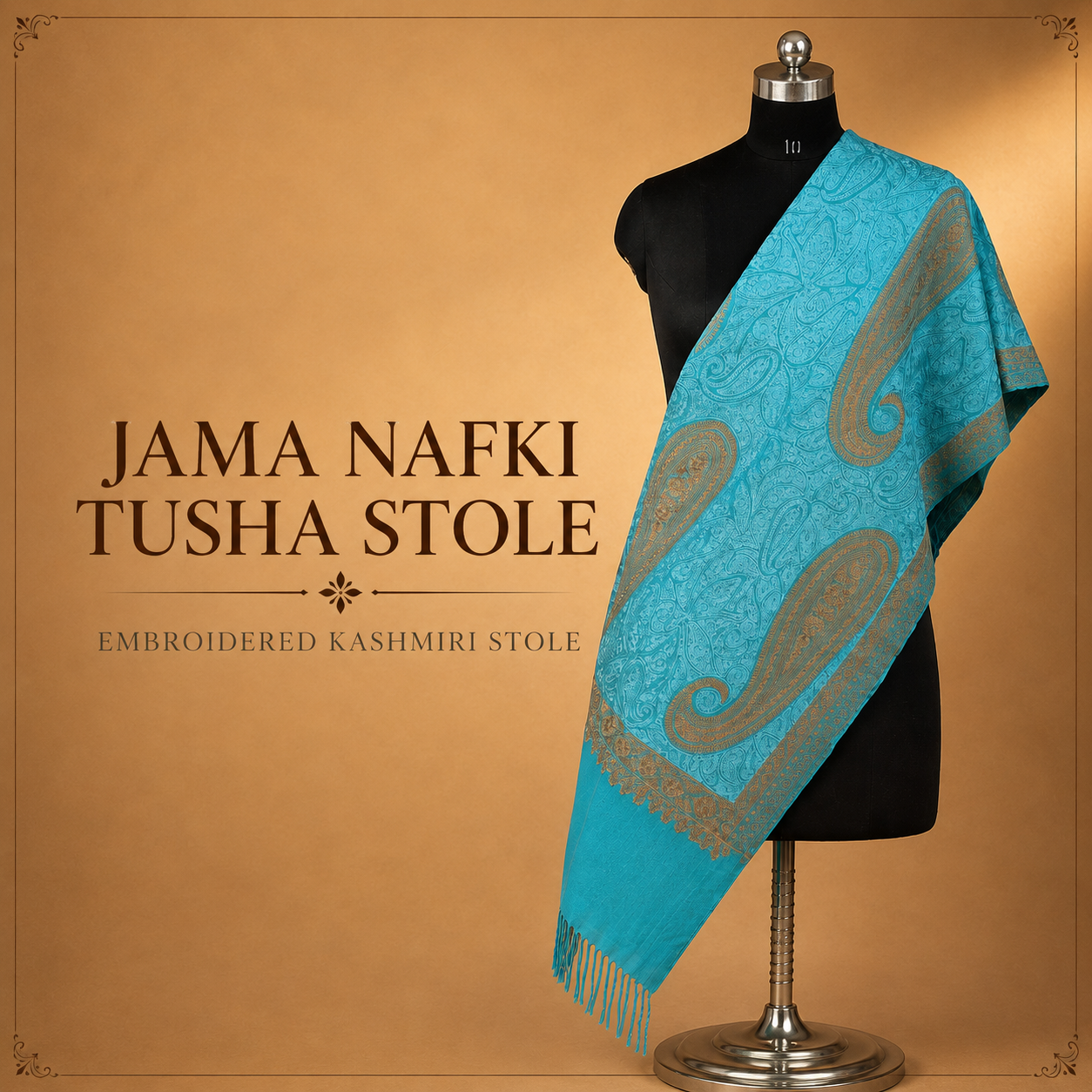 Turquoise Jama Nafki Tusha Stole with intricate embroidered Kashmiri craftsmanship