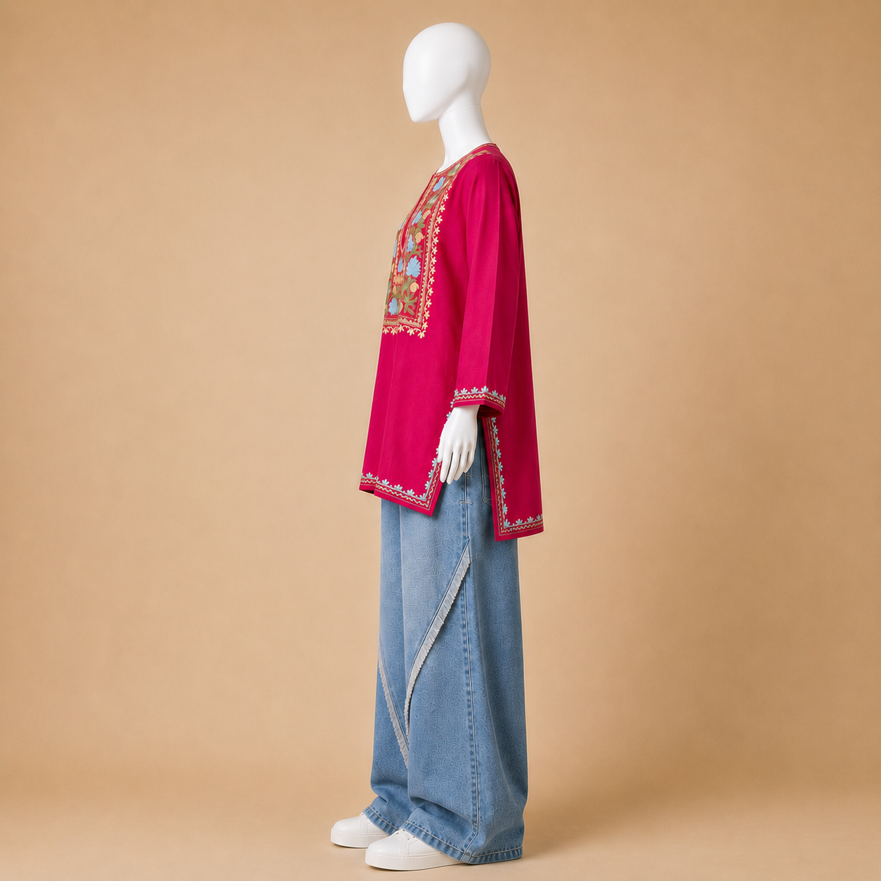 Aari-Style Machine Embroidered Fuchsia Pink Kashmiri Kurti