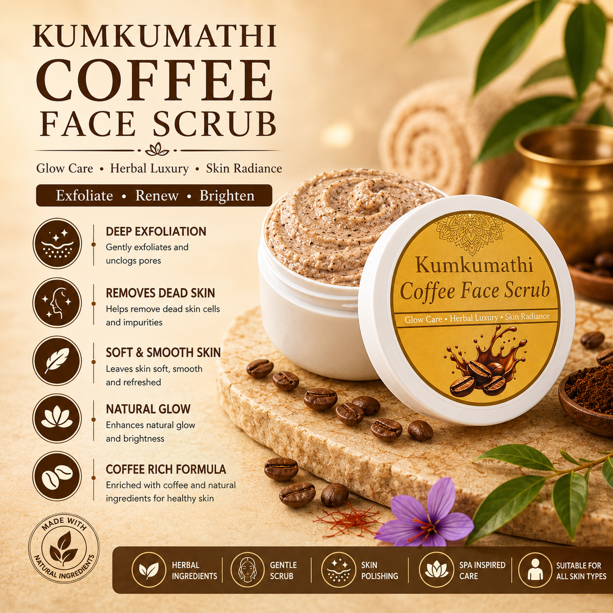 Kumkumadi coffee scrub for smooth bright skin