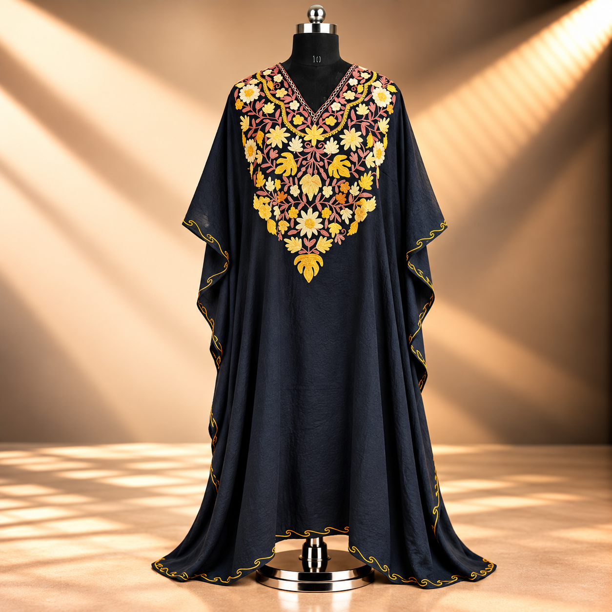 Midnight Black Aari Embroidered Kashmiri Crush Long Kaftan