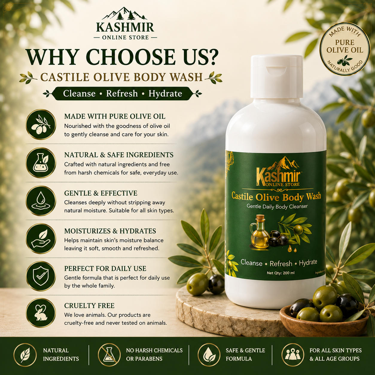 Moisturizing olive body wash for soft skin