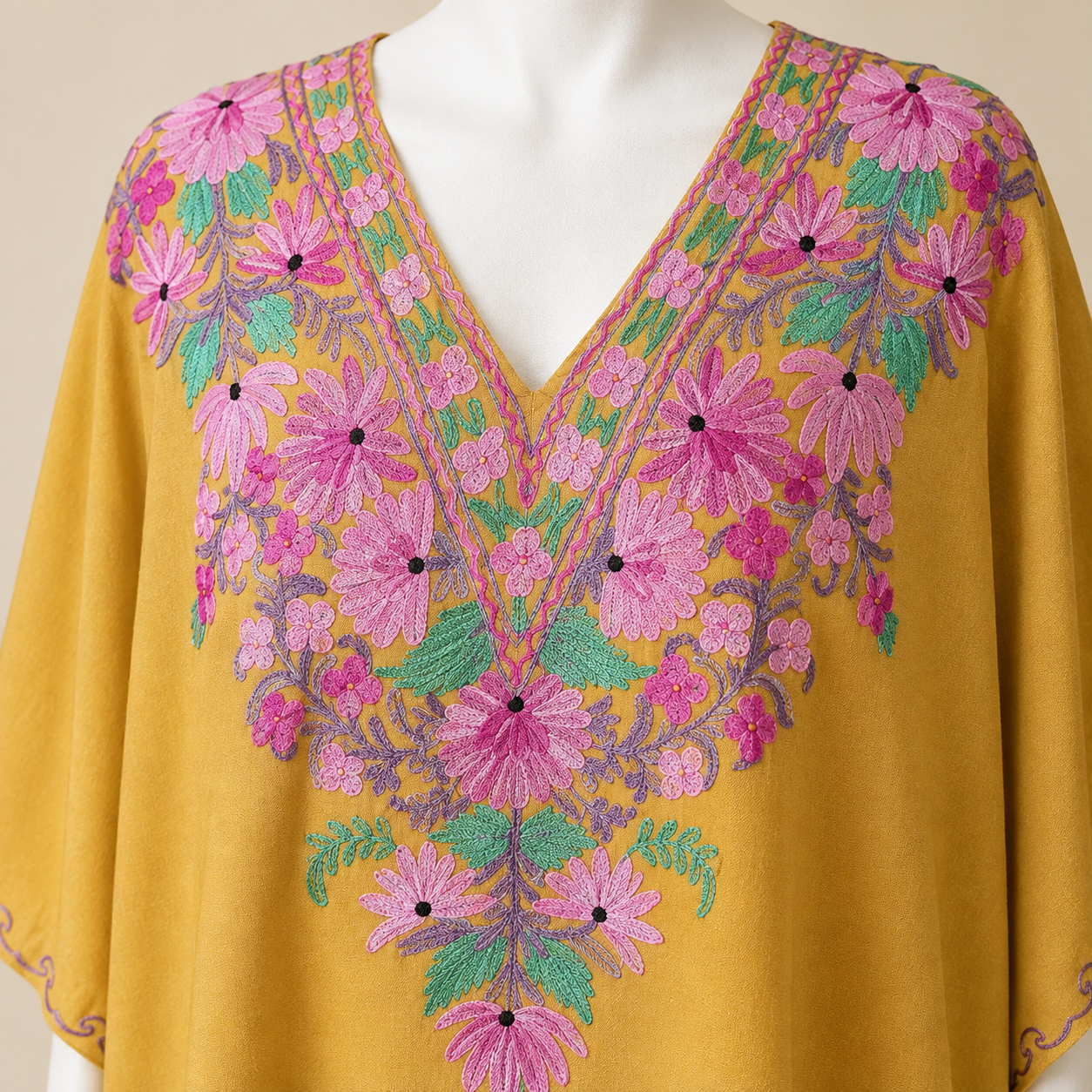 Mustard Gold Kashmiri ethnic short kaftan with detailed machine embroidery