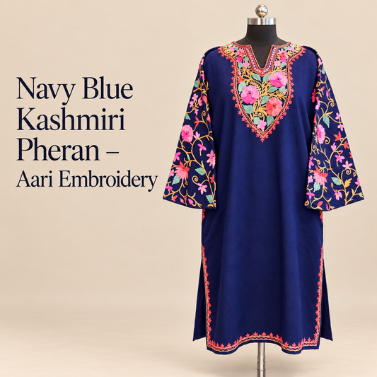 Navy Blue Kashmiri Pheran with Traditional Aari Embroidery