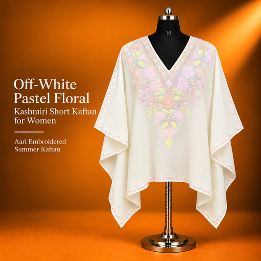 Off-White Pastel Floral Aari Embroidered Kashmiri Short Kaftan