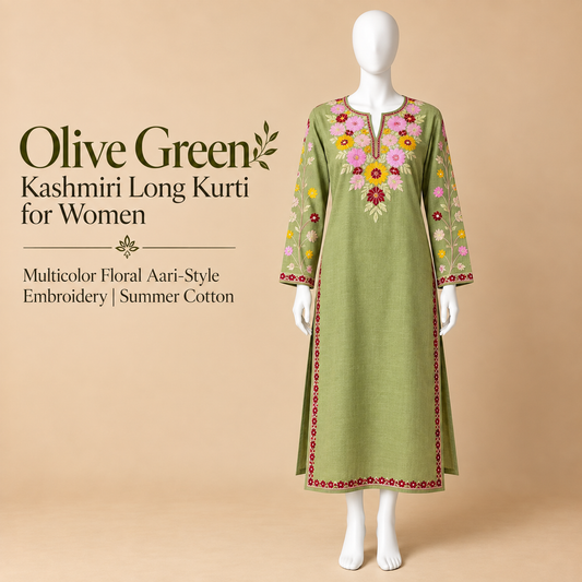 Olive Green Kashmiri Long Kurti for Women with Multicolor Floral Aari-Style Embroidery