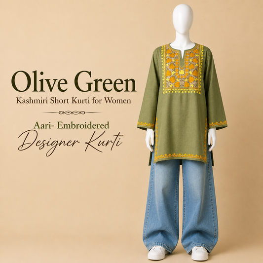 Olive Green Kashmiri Short Kurti for Women with Aari Embroidery
