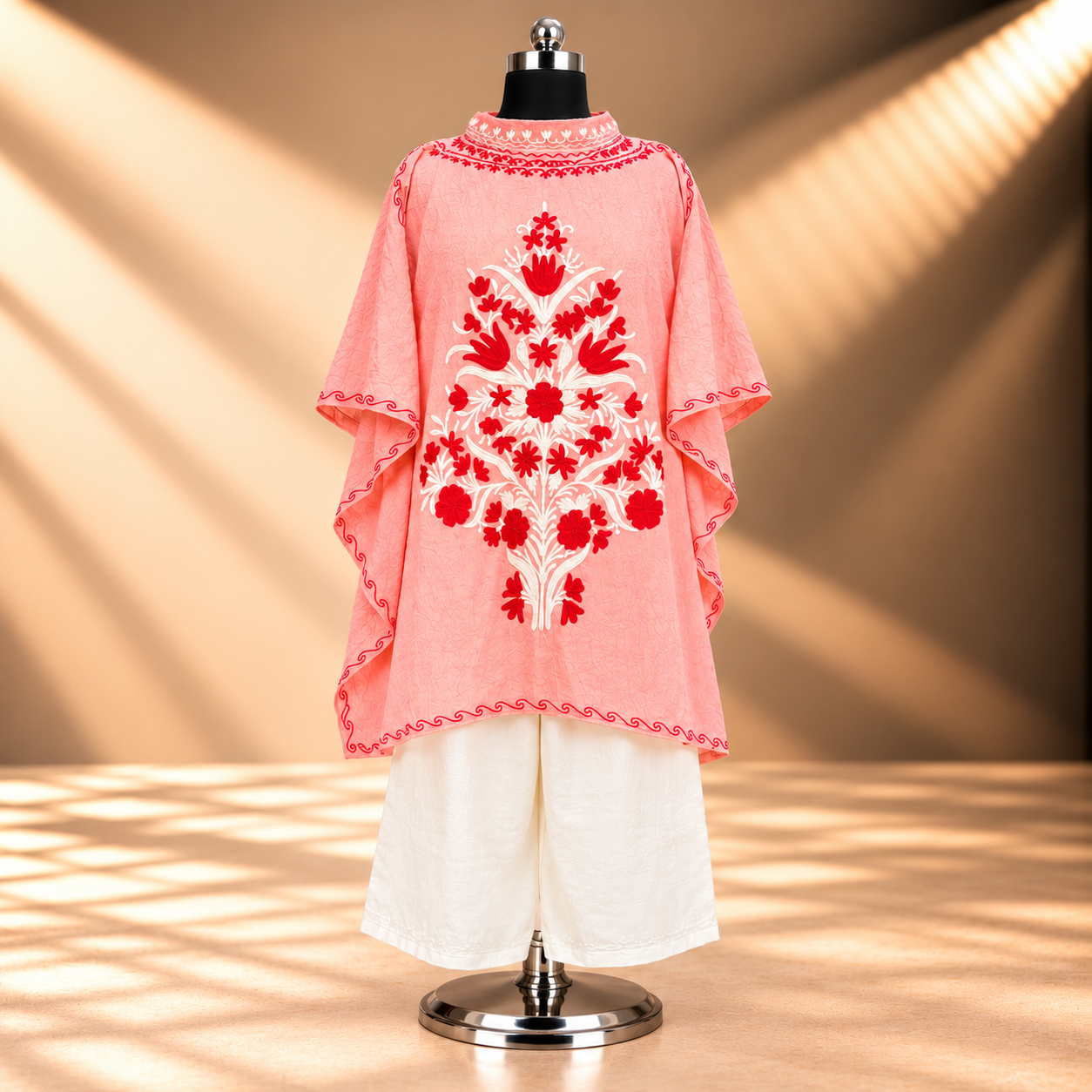Peach Crush Aari Embroidered Kashmiri Short Kaftan Set