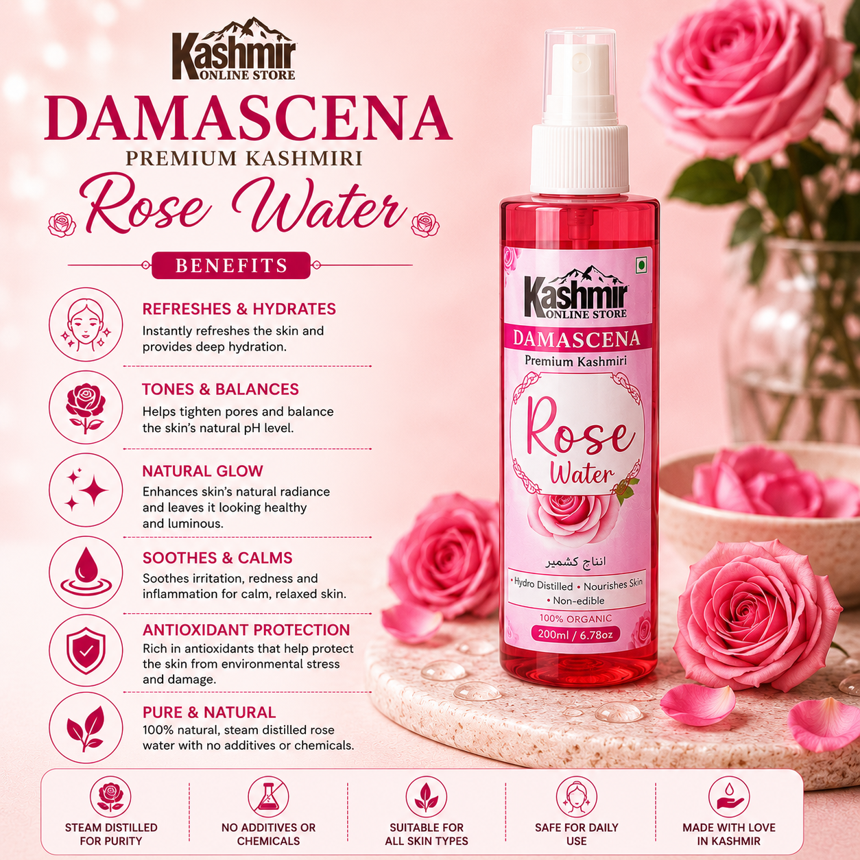 Pure Kashmiri rose water for skin softness