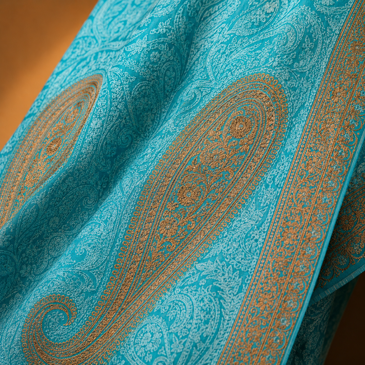 Premium Jama Nafki Tusha stole in Turquoise with detailed Kashmiri embroidery