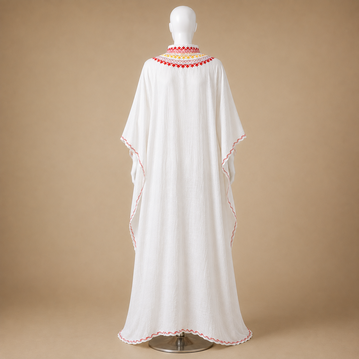 Premium White Bloom full-neck kaftan featuring Kashmiri Aari-style embroidery