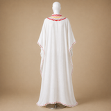 Premium White Bloom full-neck kaftan featuring Kashmiri Aari-style embroidery