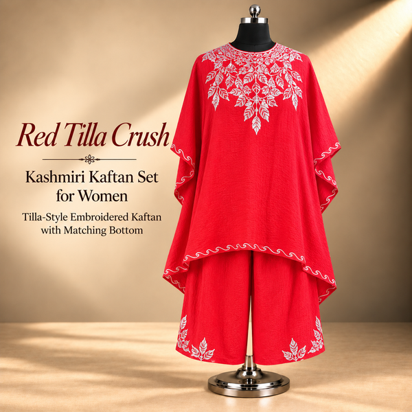 Red Tilla Crush Kashmiri Kaftan Set for Women | Tilla-Style Embroidered Kaftan with Matching Bottom | Kashmiri Ethnic Wear