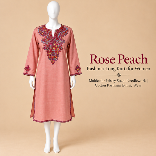 Rose Peach Kashmiri Long Kurti for Women with Multicolor Paisley Sozni Needlework