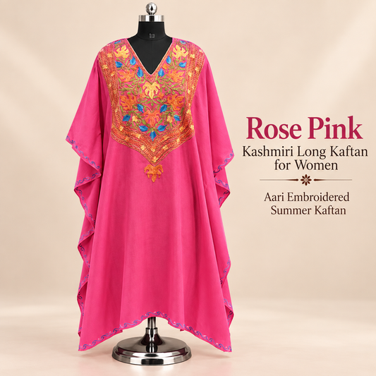 Rose Pink Kashmiri Long Kaftan for Women with Aari Embroidery