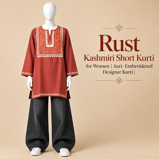 Rust Kashmiri Short Kurti for Women with Aari Embroidery
