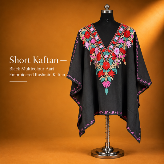Black Multicolour Aari Embroidered Kashmiri Short Kaftan