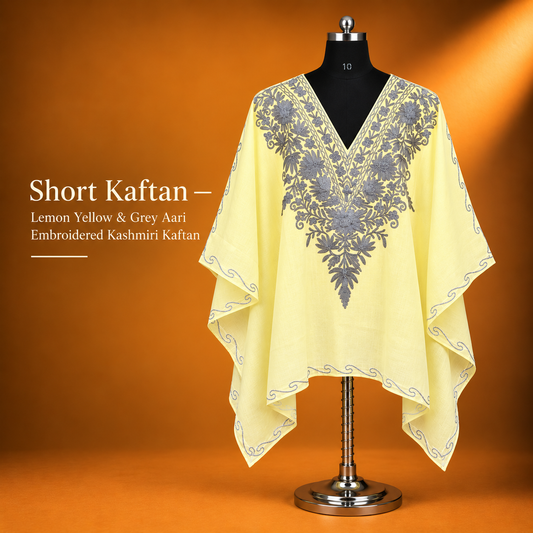 Lemon Yellow and Grey Aari Embroidered Kashmiri Short Kaftan