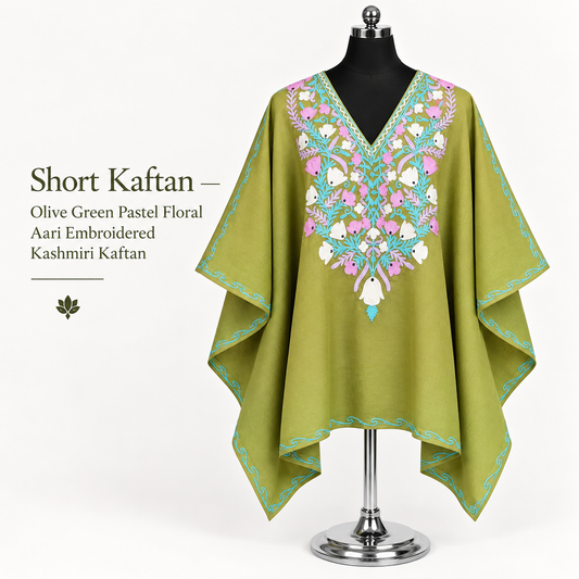 Olive Green Pastel Floral Aari Embroidered Kashmiri Short Kaftan