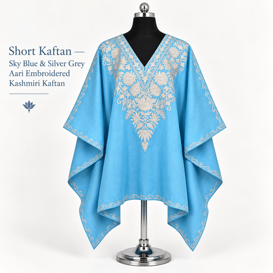 Sky Blue and Silver Grey Aari Embroidered Kashmiri Short Kaftan