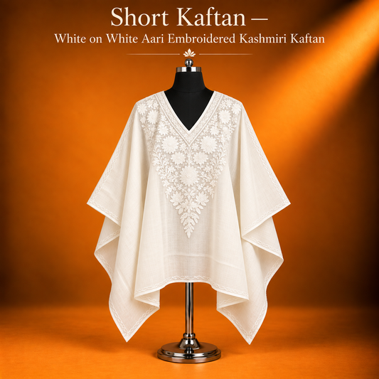 White on White Aari Embroidered Kashmiri Short Kaftan