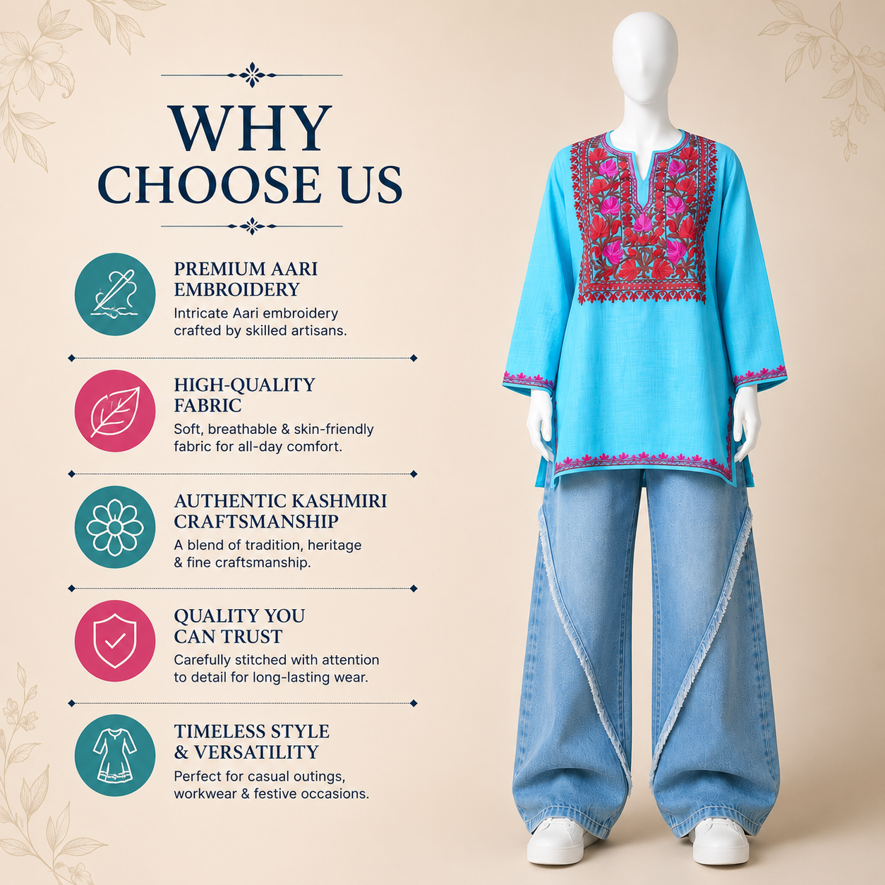 Sky Blue Kashmiri Aari Work Kurti for Women