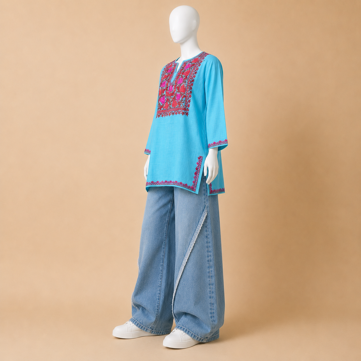 Sky Blue Kashmiri Designer Short Kurti for Women