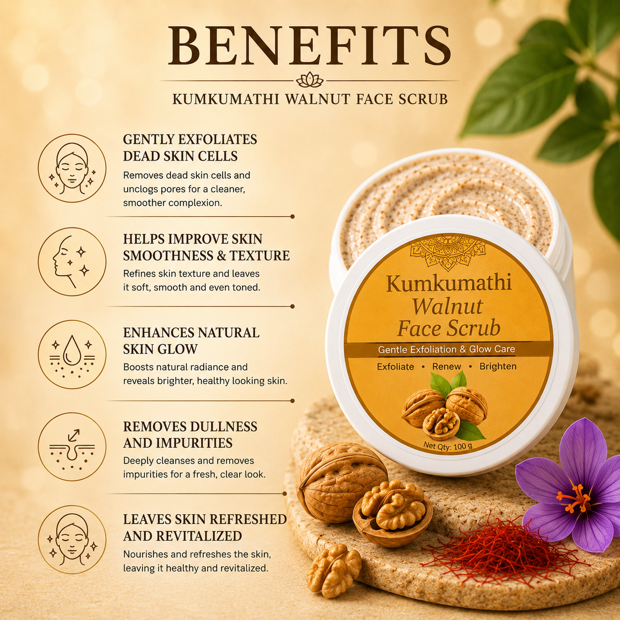 Kumkumadi walnut exfoliating scrub for skin glow