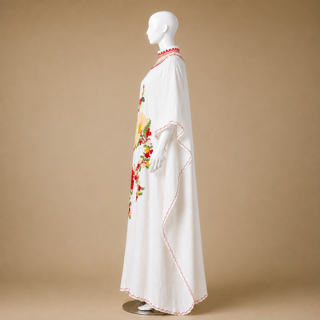 Elegant White Bloom Kashmiri long kaftan with intricate Aari embroidered work