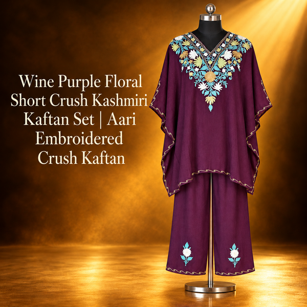 Wine Purple Floral Short Crush Kashmiri Kaftan Set | Aari Embroidered Crush Kaftan